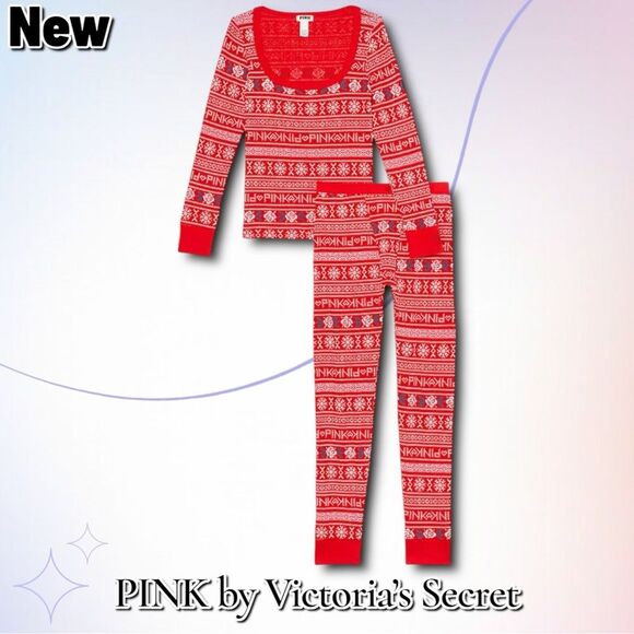 New PINK by Victoria’s Secret Thermal Long Pajama Set – Bright Vermillion Fair I - Picture 2 of 3